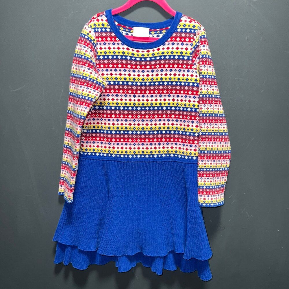 Hanna Andersson Dress Girls 8 / 130cm Knit Sweater Dress Blue Red Long Sleeve